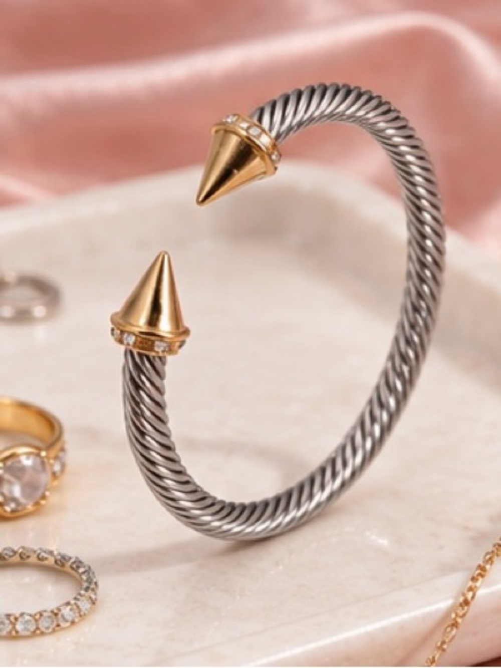 Twisted Cable Open Cuff Bracelet with Gold Spike